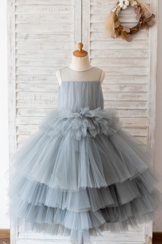 Silver Gray Tulle Cupcake Tea Length Wedding Flower Girl Dress Princess Birthday Party Dress