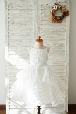 Ivory Stripe Organza Spaghetti Straps Wedding Flower Girl Dress