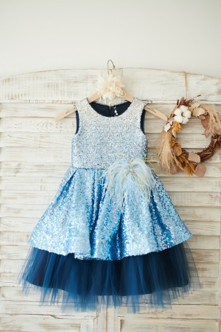 Ombre Sequin Navy Blue Tulle Wedding Flower Girl Dress