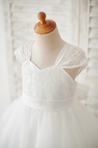 Cap Sleeves Ivory Lace Tulle Wedding Flower Girl Dress with Big Bow