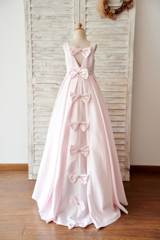 Pink Satin V Back Wedding Flower Girl Dress with Bows 