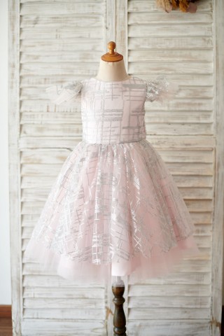 Princess Cap Sleeves V Back Pink Tulle Silver Sequin Wedding Flower Girl Dress