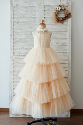 Cupcake Champagne Tulle Halter Neck Floor Length Wedding Flower Girl Dress