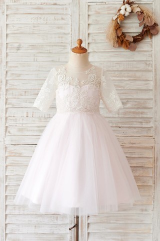 Ivory Lace Pink Tulle Short Sleeves Wedding Flower Girl Dress