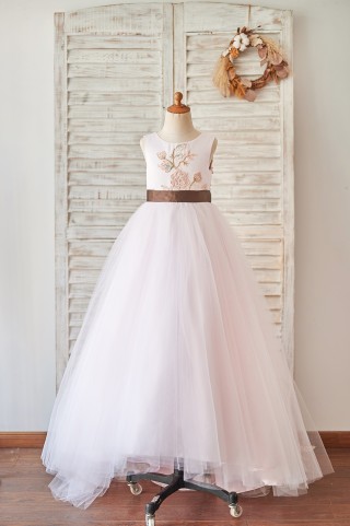 Pink Satin Tulle U Back Wedding Flower Girl Dress with Embroidery Lace