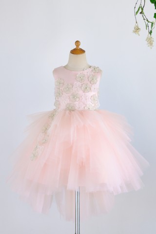 Pink Satin Tulle 3D Flowers Hi-low Wedding Flower Girl Dress