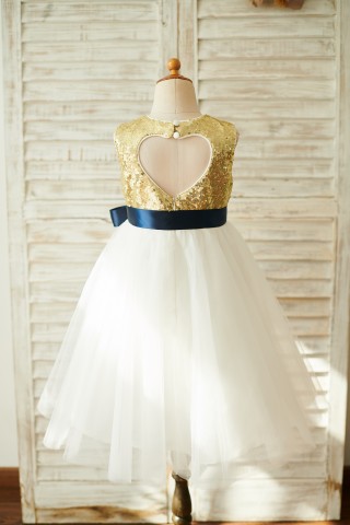 Gold Sequin Ivory Tulle Keyhole Back Wedding Flower Girl Dress