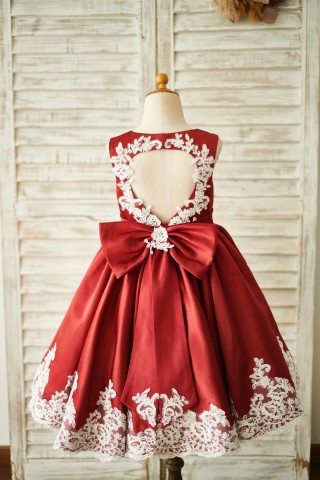 Burgundy Satin Ivory Lace Keyhole Back Wedding Flower Girl Dress