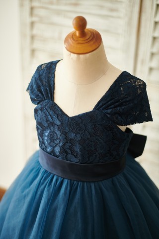 Navy Blue Lace Tulle Cap Sleeves Wedding Flower Girl Dress with Bow