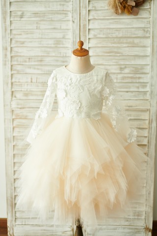 Ivory Lace Champagne Tulle Long Sleeves Wedding Flower Girl Dress