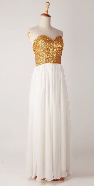 Strapless Sweetheart Gold Sequin Ivory Chiffon  Long Bridesmaid Dress