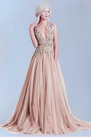 Lace Tulle V Back Wedding Evening Party Dress