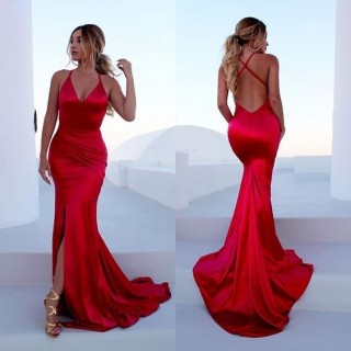 Mermaid Red Satin Straps Backless Wedding Prom Evening Party Dress