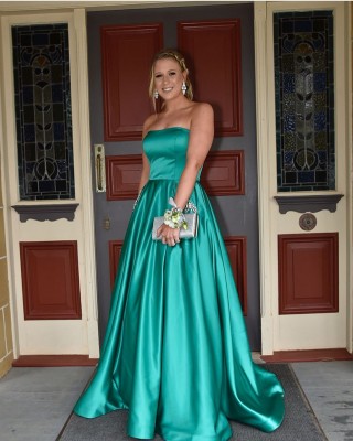 Green Satin Strapless Wedding Prom Evening Party Dress