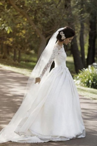 Ivory Lace Satin Long Sleeves Wedding Party Dress