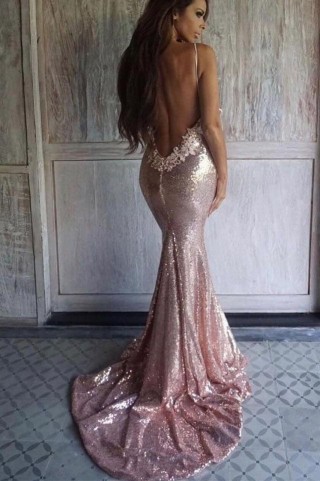 Mermaid Mate Champagne Spaghetti Straps Backless Wedding Party Dress