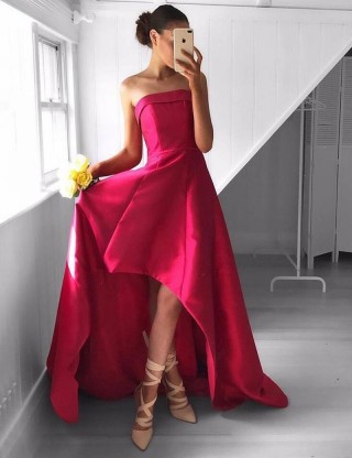 Hi-low Red Satin Strapless Wedding Prom Evening Party Dress