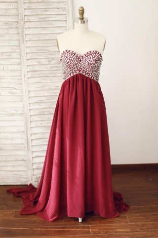 Wine Red Burgundy Chiffon Bridesmaid Dress Prom Dress Strapless Beaded Dress