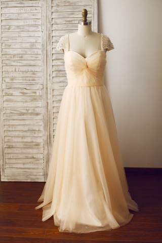  Champagne Tulle Beaded Cap Sleeves Prom Party Dress