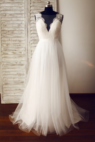  Sheer Illusion Lace Tulle Wedding Dress