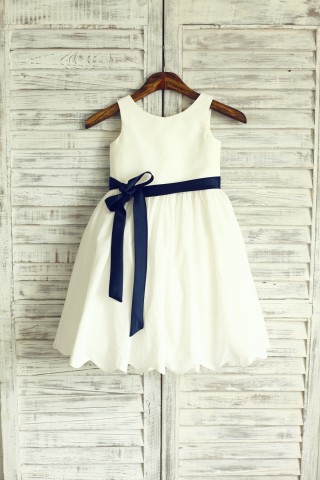 Ivory Cotton Flower Girl Dress with navy blue sash