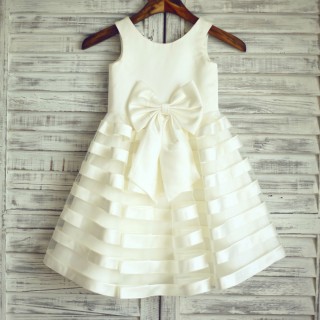 Ivory Satin Tulle Stripes Flower Girl Dress with big bow