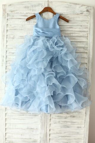 Blue Satin Ruffle Organza Skirt TUTU Princess Flower Girl Dress with matching sash/flower