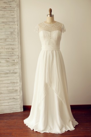 A Line Cap Sleeves Lace Chiffon Wedding Dress