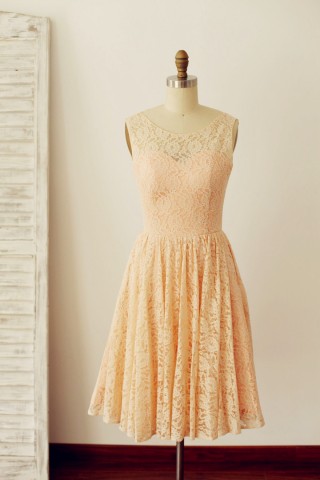 Peach Pink Lace Deep V Back Short  Bridesmaid Dress with bow