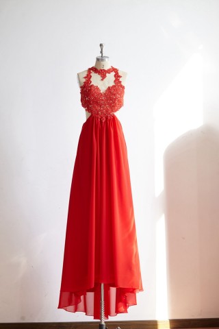 Sexy See Through Backless Red Lace Chiffon Prom Party Dress