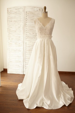 Deep V Back Lace Satin Wedding Dress Bridal Gown