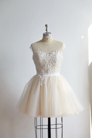 Cap Sleeves Beaded Lace Polka Dot Tulle Short Prom Party Dress