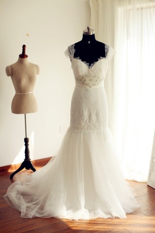 Cap Sleeves Ivory Lace Tulle Mermaid Wedding Dress 