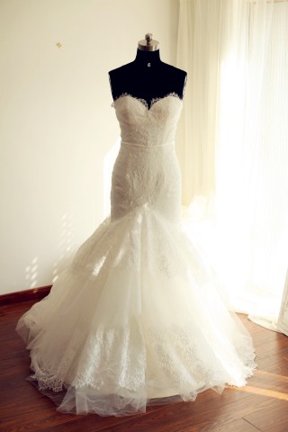 Strapless Sweetheart Ivory Lace Tulle Mermaid wedding Dress 