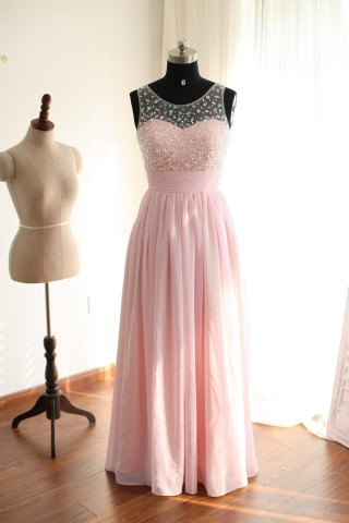 Sheer See Through Back Pink Chiffon Beaded Prom Dress 