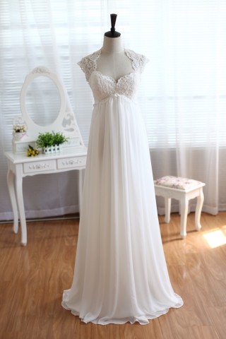 Lace Chiffon Wedding Dress Keyhole Back Empire Waist Maternity Dress with Cap Sleeves