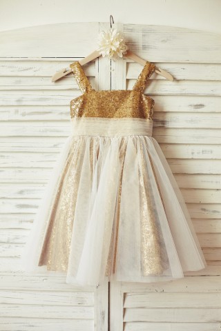 Thin Straps Gold Sequin Ivory Tulle Flower Girl Dress 