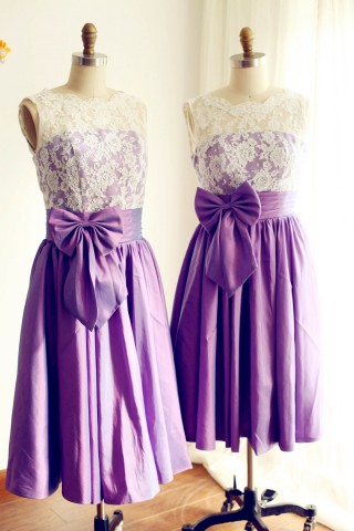 V Back Ivory Lace /Purple Taffeta Tea Length Short Bridesmaid Dress 