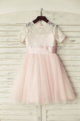 Short Sleeves Pink Lace Tulle Flower Girl Dress 