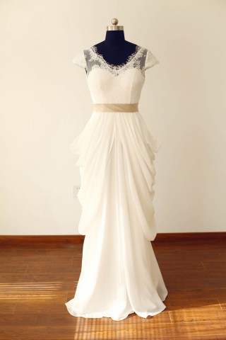 Sheer See Though Ivory Lace Chiffon Cap Sleeves V Back Wedding Dress with champagne sash  