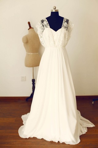 Boho Beach Short Sleeves Ivory Lace Chiffon Long Wedding  Dress 