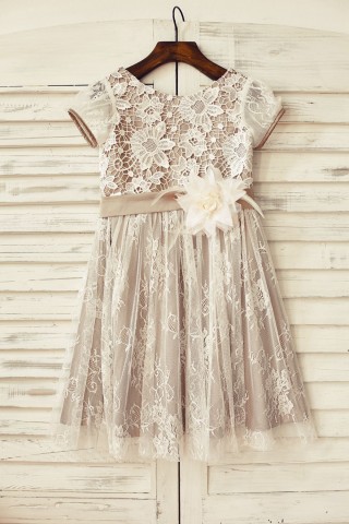 Brown Satin Ivory Lace Short Sleeve Flower Girl Dress 
