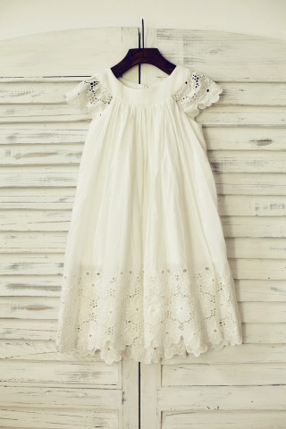 Vintage Ivory Cotton Eyelet Lace Flower Girl Dress with Cap Sleeves