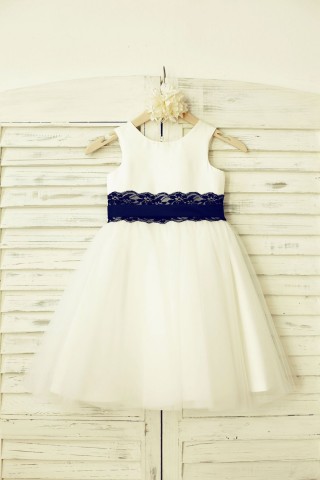 Ivory Satin Tulle Flower Girl Dress with navy blue Lace sash 
