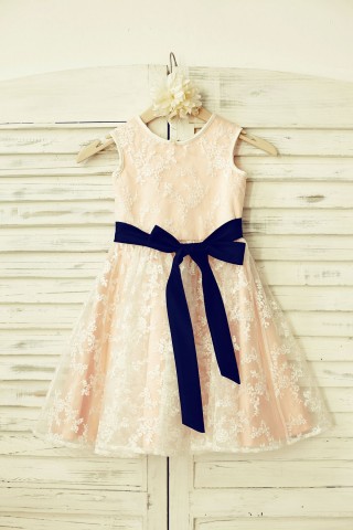 Lace Flower Girl Dress with navy blue sash /Blush Pink Lining