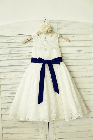 Ivory Lace  Flower Girl Dress with navy blue sash 