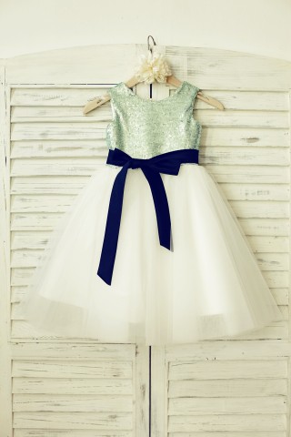 Mint Sequin Ivory Tulle Flower Girl Dress with navy blue sash