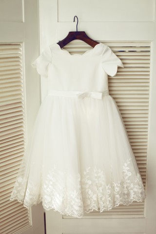 Ivory Satin Lace Tulle Wedding Flower Girl Dress with Short Sleeves
