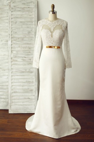 Sexy Long Lace Sleeves Backless Ivory Satin Wedding Dress