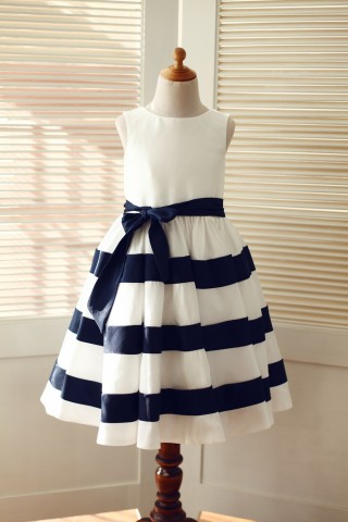 Ivory/Navy Blue Taffeta Striped Wedding Flower Girl Dress 
